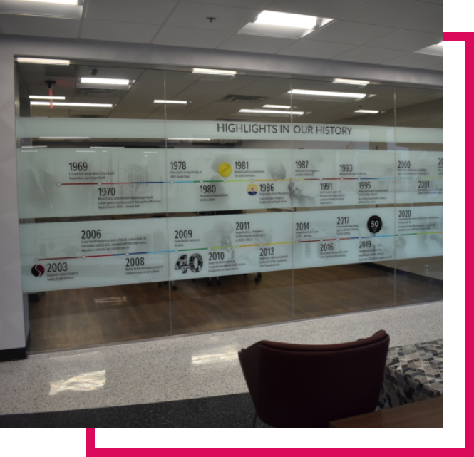 Meeting room Swope Health history timeline glass decal